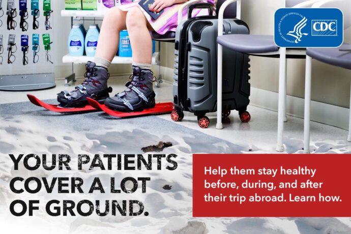 A person in hiking boots and red skis sits beside luggage in a waiting area, emblematic of a travel health discussion. Text: "Your patients cover a lot of ground." CDC logo present.