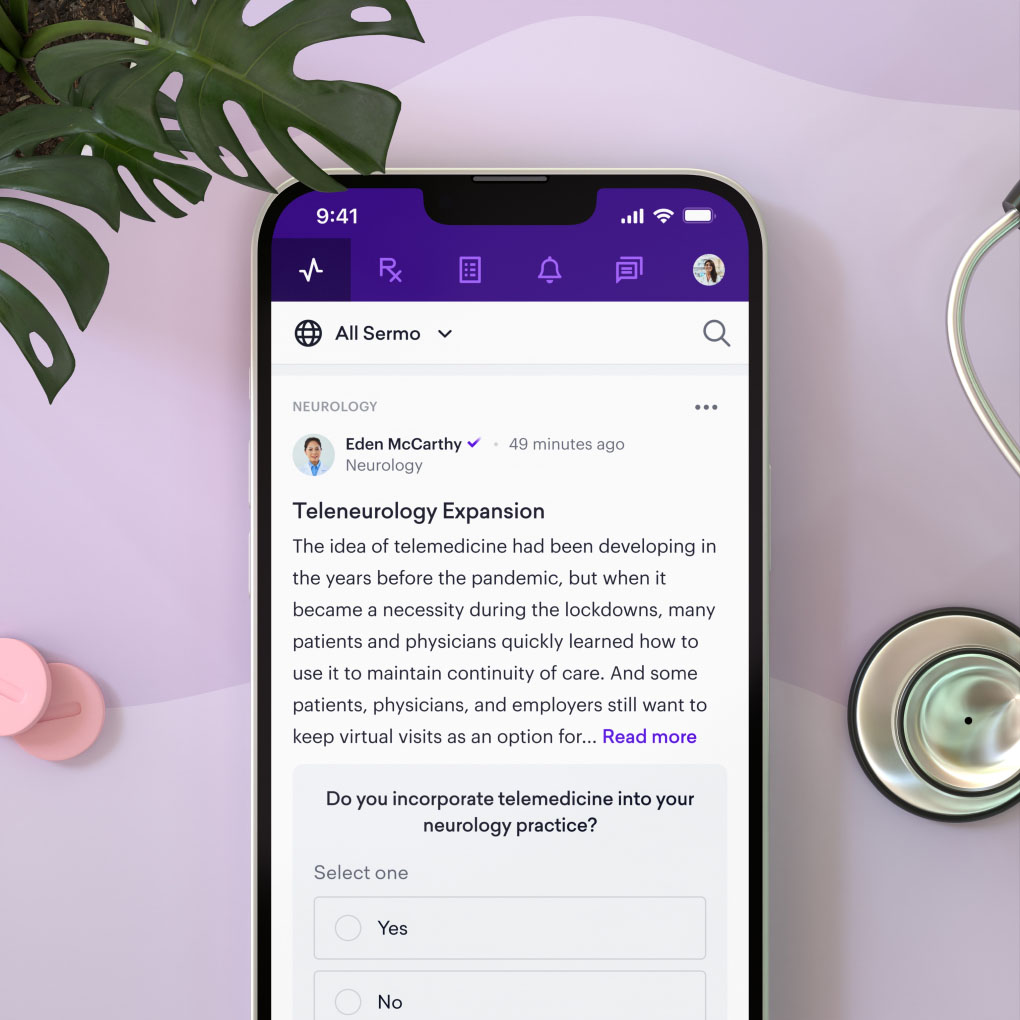 Smartphone displaying a neurology-related post about "Teleneurology Expansion" with a poll question on telemedicine practices. Desk items visible: plant, pen, and headphones.