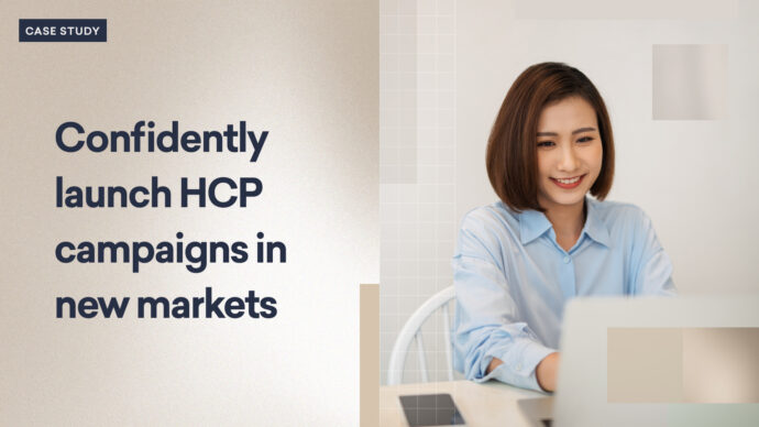 A person sits at a clutter-free desk using a laptop. Text reads, "Confidently launch HCP campaigns in new markets with ADvantage Solutions.