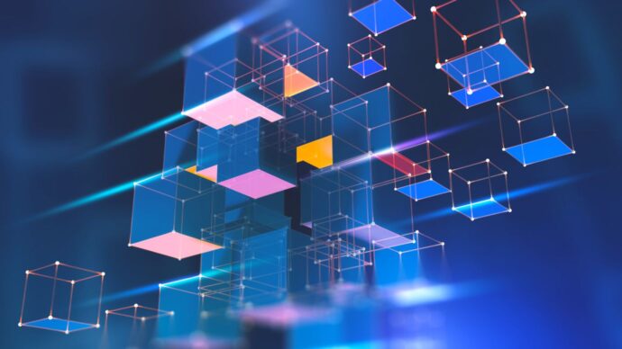 Abstract image of interconnected 3D cubes, reminiscent of blockchain technology, in various colors and sizes, floating in a digital space with a blue background.