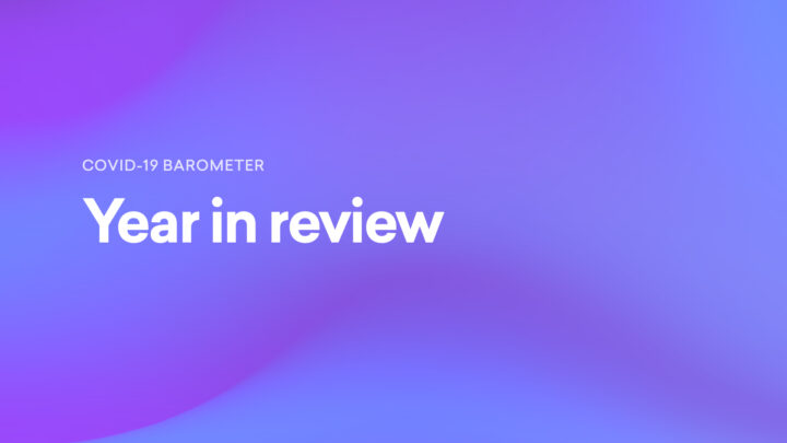 Purple and blue gradient background with text: "COVID-19 Barometer Anniversary Year in Review by Sermo.