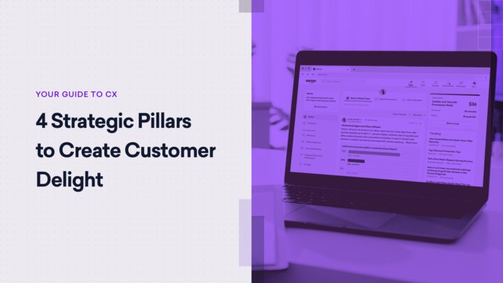 A laptop displaying an email inbox is shown next to text: "Your Guide to CX: 4 Strategic Pillars to Achieve Customer Delight" on a purple background.