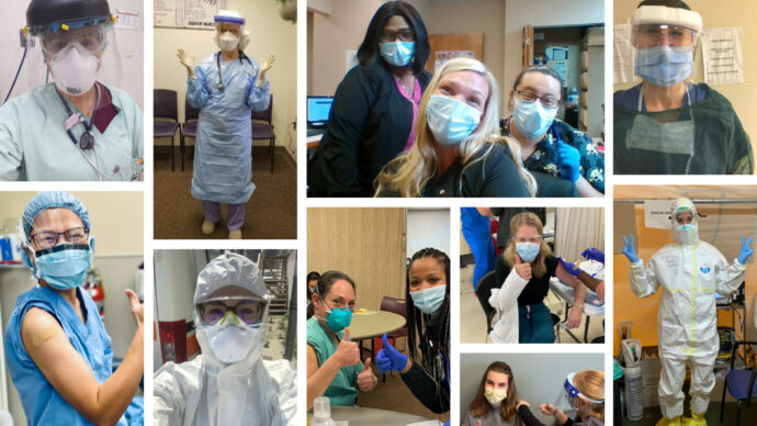 A collage of healthcare workers, including inspiring women in medicine, wearing protective gear and posing in various settings. Some show peace signs and thumbs up, while others are in protective suits and masks.
