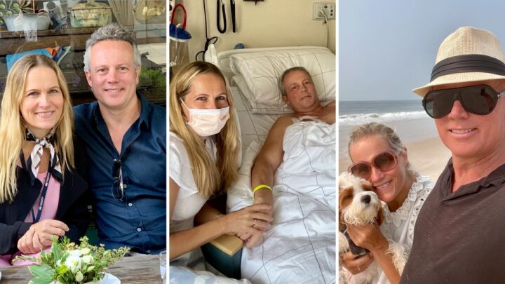 Three photos capture Peter Kirk's cancer journey: sitting at an outdoor café, in a hospital room with one person in bed, and on a beach with their dog.