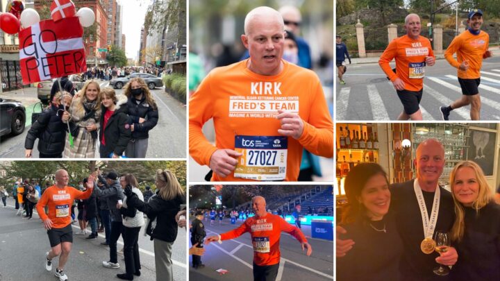 Runner Peter Kirk, wearing an orange shirt, participates in a marathon as part of his Cancer Journey. He interacts with supporters and proudly poses with his medal.