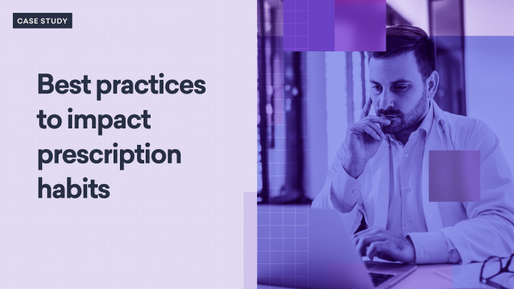 A man in a white coat contemplates on a purple grid backdrop, with text that reads "Best practices to impact prescription habits through social influence.