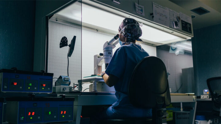 In a lab filled with advanced medical devices, a person in a lab coat and hair cover sits at a microscope, immersed in research. Surrounded by cutting-edge equipment and illuminated by overhead lighting, they contribute crucial insights to the field of medical device companies.