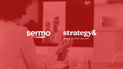 A person participates in a video call on a computer screen, where Sermo and Strategy& logos overlay the image, discussing valuable physician insights to drive customer-led transformation in the pharma industry.