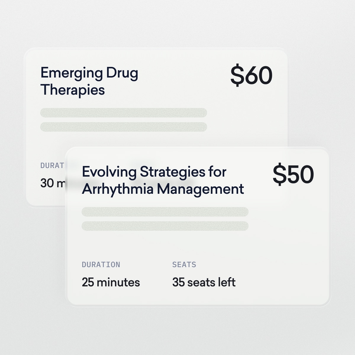 Two cards highlight medical specialities: "Emerging Drug Therapies" ($60, 30 mins) and "Evolving Strategies for Arrhythmia Management" ($50, 25 mins, 35 seats left), detailing session titles, prices, durations, and seat availability.