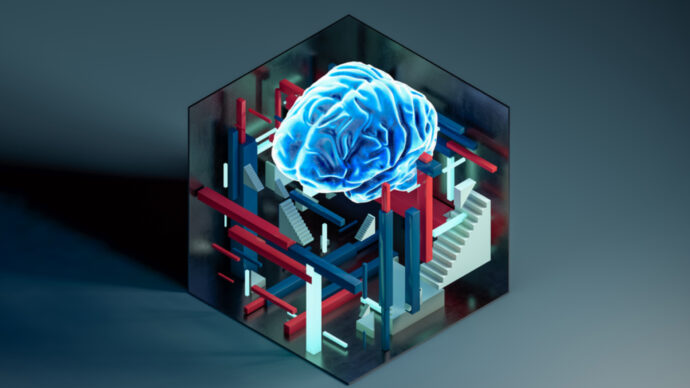 A glowing blue brain is suspended above a geometric structure with intersecting red, blue, and gray beams inside a hexagonal enclosure, symbolizing how AI like ChatGPT can transform healthcare.