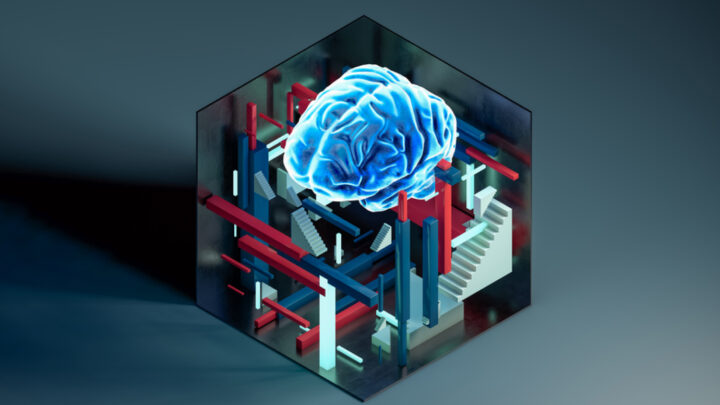 A glowing blue brain is suspended above a geometric structure with intersecting red, blue, and gray beams inside a hexagonal enclosure, symbolizing how AI like ChatGPT can transform healthcare.