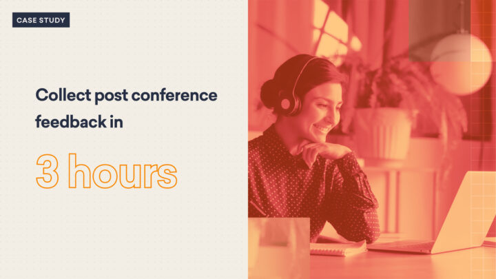 A woman wearing headphones smiles at a laptop, with text: "Collect post-conference feedback in RealTime, perfect for pharma discussions or immuno-oncology insights.