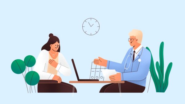 In a serene office adorned with plants and a wall clock, the doctor skillfully demonstrates how to communicate with patients, engaging attentively with the woman seated across a table dotted with essential documents and an open laptop.