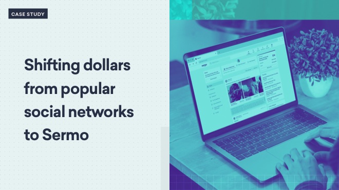 A laptop displaying a social media page on a desk with a plant, alongside text: "Shifting dollars from popular social networks to Sermo.