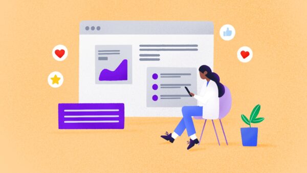 An illustration showcases a person immersed in a tablet, surrounded by digital elements like graphs, text boxes, and social media icons on screen—a nod to digital marketing for medical practices. A small plant sits beside them on the floor.