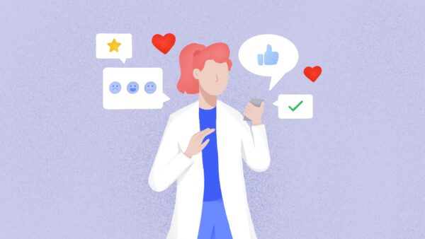 Illustration of a person in a white coat using a smartphone, surrounded by icons: thumbs up, heart, star, sad faces, and check mark—symbolizing reputation management for doctors.