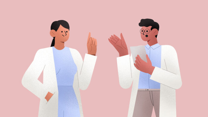 Illustration of effective communication between healthcare professionals: two people in lab coats discussing. One gestures with a raised finger, while the other has hands open, set against a pink background.