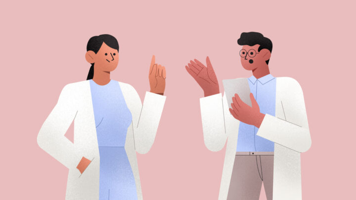 Illustration of effective communication between healthcare professionals: two people in lab coats discussing. One gestures with a raised finger, while the other has hands open, set against a pink background.