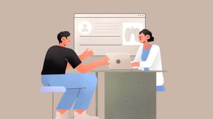 A person in a black shirt and blue pants discusses with a person in a white coat at the Private Practice's desk, with a digital screen in the background displaying profile information.