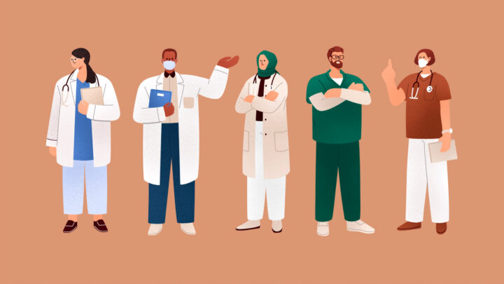 Illustration of five diverse healthcare professionals in different uniforms standing together against a brown background, highlighting the importance of employee retention in healthcare.