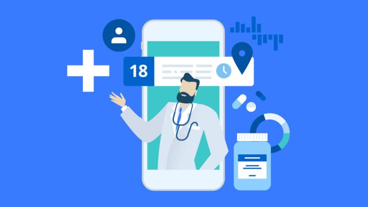 Illustration of a doctor with a stethoscope emerging from a smartphone, surrounded by medical icons like a pill bottle, charts, and a location pin. This scene captures the essence of digital health predictions for the next ten years.