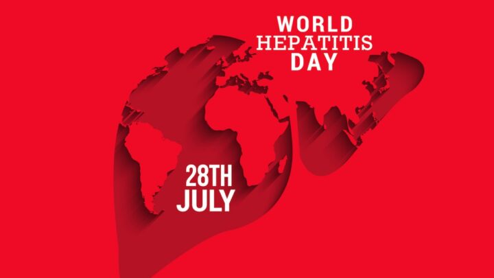 Red map illustration with "World Hepatitis Day" text, featuring "28th July" and the message "Stop Hepatitis" at the bottom, highlighting the importance of global awareness.
