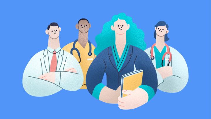 Illustration of four diverse healthcare professionals: two in medical attire with stethoscopes, one in a suit holding a folder symbolizing medical practice management, and one in a doctor's coat, set against a blue background.