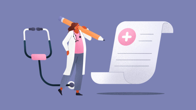 Illustration of a doctor holding a large pencil, standing beside a stethoscope and an oversized medical prescription document, highlighting the role of insurance reimbursements in modern healthcare.