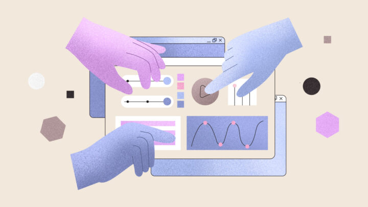 Illustrated hands interact with digital controls on a screen, including sliders, graphs, and charts, symbolizing teamwork in data analysis and best practice management software design.
