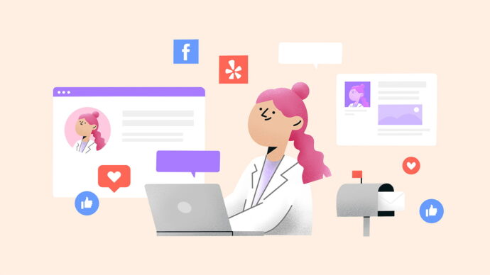 An illustration of a person with pink hair using a laptop, surrounded by social media icons, speech bubbles, and a mailbox, captures the essence of modern medical practice marketing.