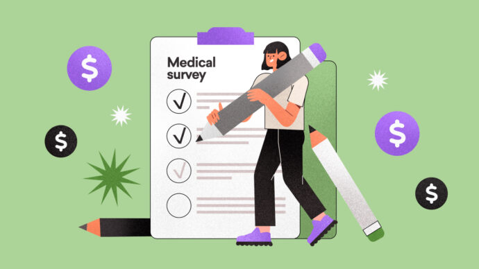 Illustration of a person holding a giant pencil next to a medical survey checklist on a clipboard, surrounded by dollar and checkmark symbols on a green background, inspiring you to maximize your paid medical survey earnings.