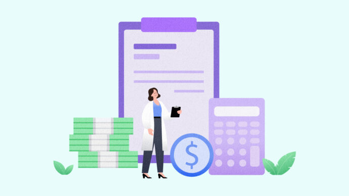 Illustration of a woman in a lab coat holding a clipboard, standing next to stacks of money, a coin with a dollar sign, and a large calculator, symbolizing the benefits of outsourcing medical billing. A document is in the background.