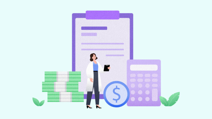 Illustration of a woman in a lab coat holding a clipboard, standing next to stacks of money, a coin with a dollar sign, and a large calculator, symbolizing the benefits of outsourcing medical billing. A document is in the background.