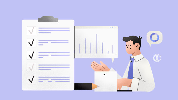 Illustration of a person at a desk with a checklist, graphs on a screen, and various icons, seamlessly suggesting data analysis or productivity—ideal for crafting a business plan for medical practice.