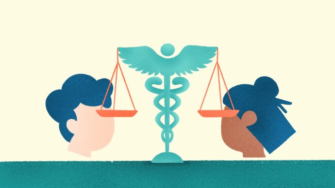 Illustration of two people facing each other with a caduceus symbol between them, incorporating scales symbolizing balance and the ethics of healthcare law.