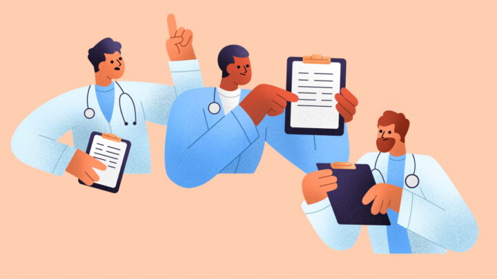 Illustration of three doctors in white coats, engaged in discussing negotiating physician contract details on clipboards against a peach background.