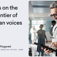 A male doctor in a white coat uses a tablet in a hospital corridor; next to him, a text box highlights physician voices and Erin Fitzgerald’s name and title, emphasizing the importance of trust in healthcare.