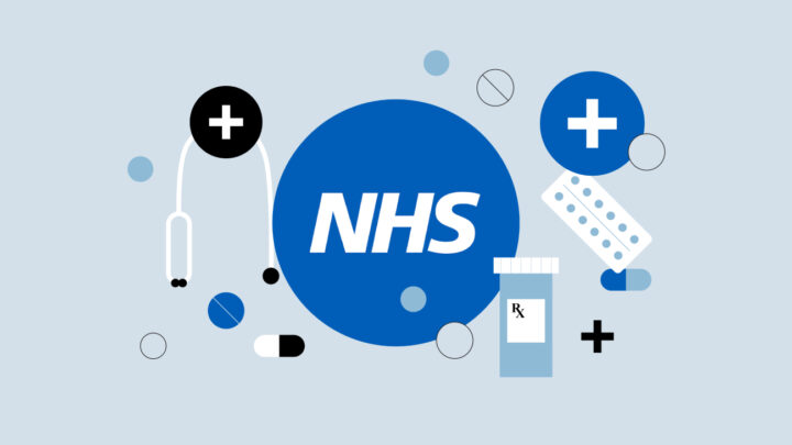 Illustration of the NHS logo, symbolizing the future of the NHS, surrounded by medical symbols such as a stethoscope, pills, and a prescription bottle on a light blue background.
