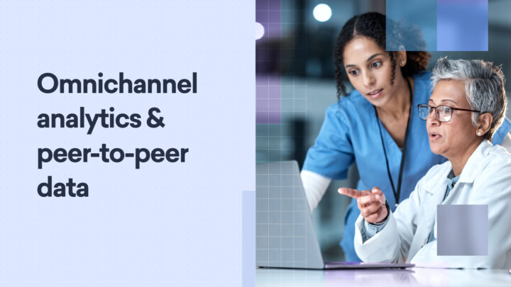 Two professionals discussing data on a laptop, with text reading "Omnichannel analytics & provider social data" on the left side of the image.