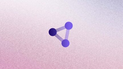 A geometric shape with three purple circles symbolizes partnership, their connections forming a network centered on a gradient background of pink and gray.