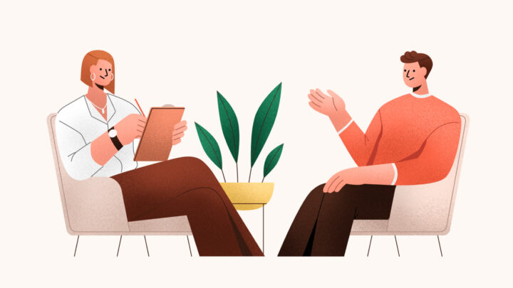 Illustration of two people in conversation, one holding a clipboard and pen, sitting across from each other on chairs with a potted plant between them. The setting emphasizes patient retention through attentive dialogue, reflecting the significance of maintaining strong relationships.
