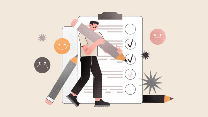 An illustration of a person holding a giant pencil stands next to a checklist with checkmarks, akin to patient satisfaction surveys. Various emoji faces and pencils surround them, depicting different emotions.