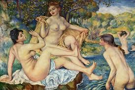 A painting of several women bathing and sitting by a stream in a lush, wooded landscape, subtly hints at the history of obesity through the portrayal of diverse body types, celebrating beauty in all forms.