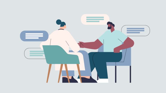 Illustration of two people sitting and talking, with speech bubbles around them indicating a conversation on physician collaboration.