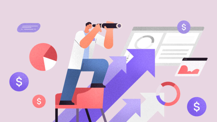 Illustration of a person on a chair using a telescope, surrounded by charts, arrows, and currency symbols. This imagery symbolizes financial growth and data analysis while also hinting at emerging survey trends relevant to the modern financial landscape.