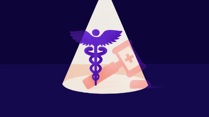 A caduceus symbol and judge's gavel are illuminated by a spotlight, underscoring the convergence of healthcare, legal themes, and ethical issues in healthcare.