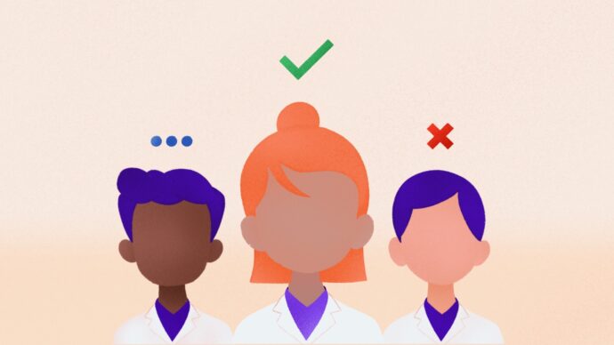 Illustration of three people in lab coats, depicting healthcare credentialing. The person in the middle proudly displays a green check mark above their head, symbolizing verified credentials, while the person on the right has a red X, and the one on the left has ellipses.