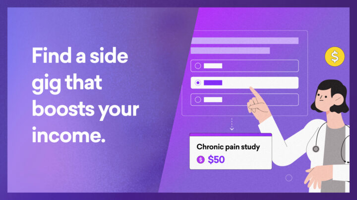 Illustration of a person pointing at an online survey example labeled "Chronic pain study $50" on a purple background with text: "Find a side gig that boosts your income. Ideal as a side hustle for doctors seeking flexible opportunities.