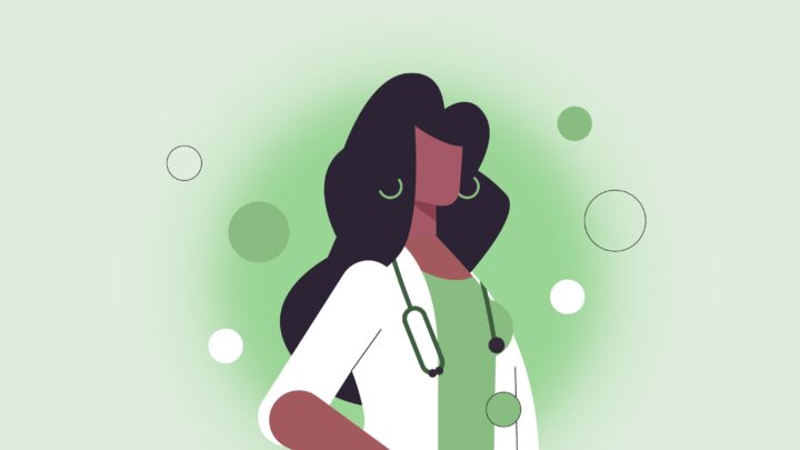 Illustration of a female physician with dark hair wearing a stethoscope and white coat, set against a green background with circles.