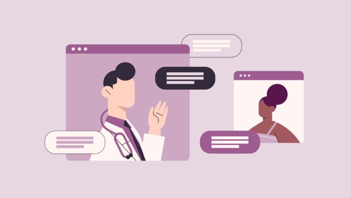 Illustration of a telehealth consultation with a male doctor and female patient exchanging messages on a video call.